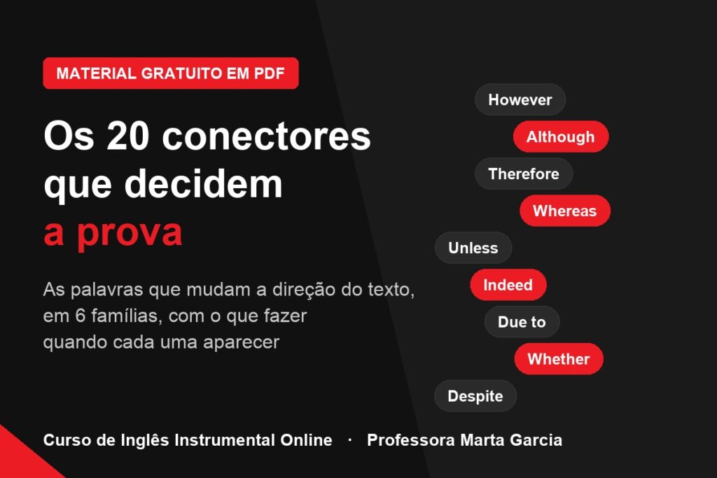 Os 20 conectores que decidem a prova de proficiência em inglês, organizados em 6 famílias