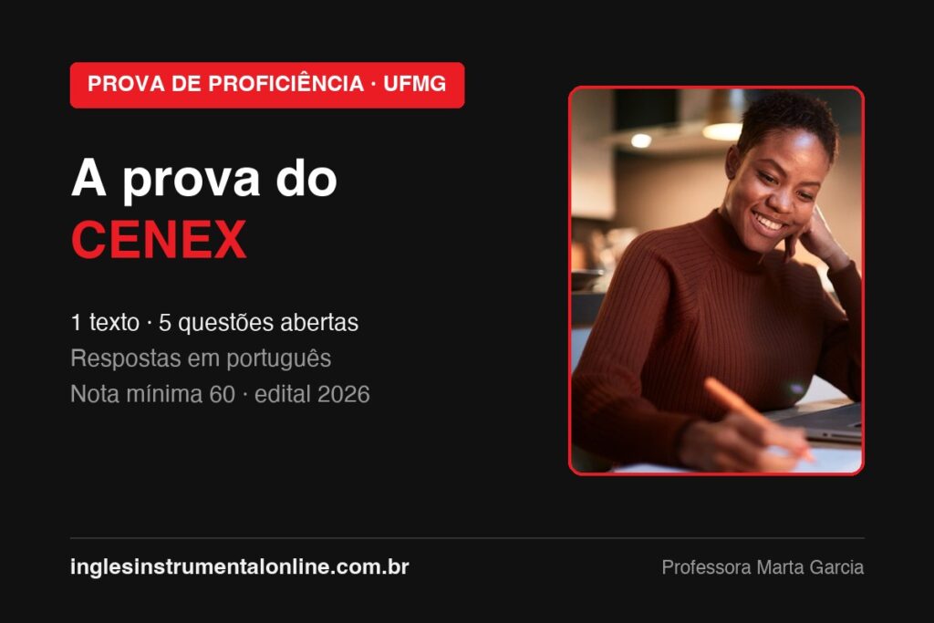 Candidata escrevendo respostas, capa do guia do exame de proficiência da UFMG (CENEX)
