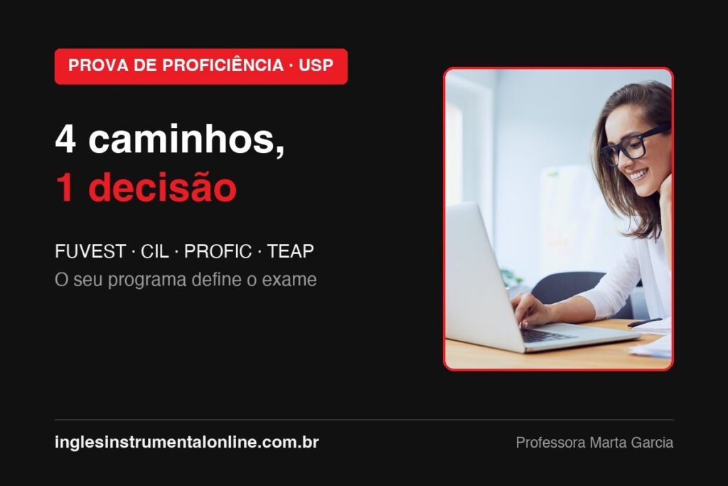 Candidata estudando no notebook, capa do guia dos 4 caminhos da proficiência na USP