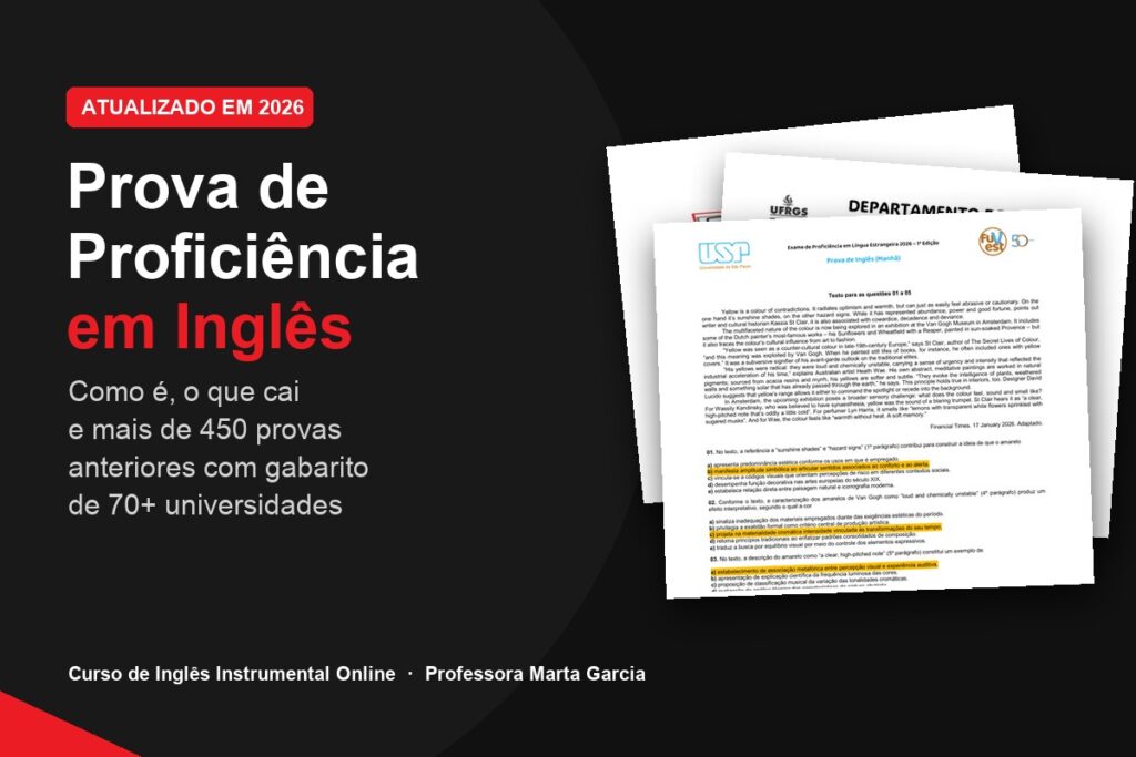 Prova de proficiência em inglês para mestrado e doutorado: páginas de provas anteriores da FUVEST/USP, UFRGS e UFRN, banco atualizado em 2026